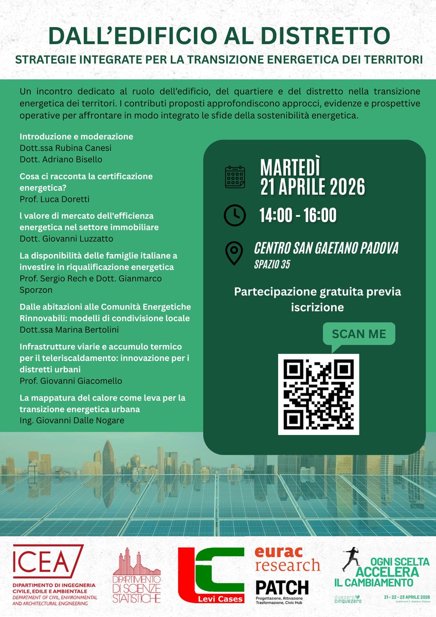 LeviCases's tweet photo. 🍃 Qual è il ruolo degli edifici, dei quartieri e dei distretti urbani nella transizione energetica dei territori?

📆 Martedì 21/04, dalle 14.00 alle 16.00
📍 Centro San Gaetano Padova, Spazio 35

Forum @Duezero50 

Partecipazione gratuita. Iscrizioni https://t.co/0jQENDkOHd https://t.co/oZLHVyrb62