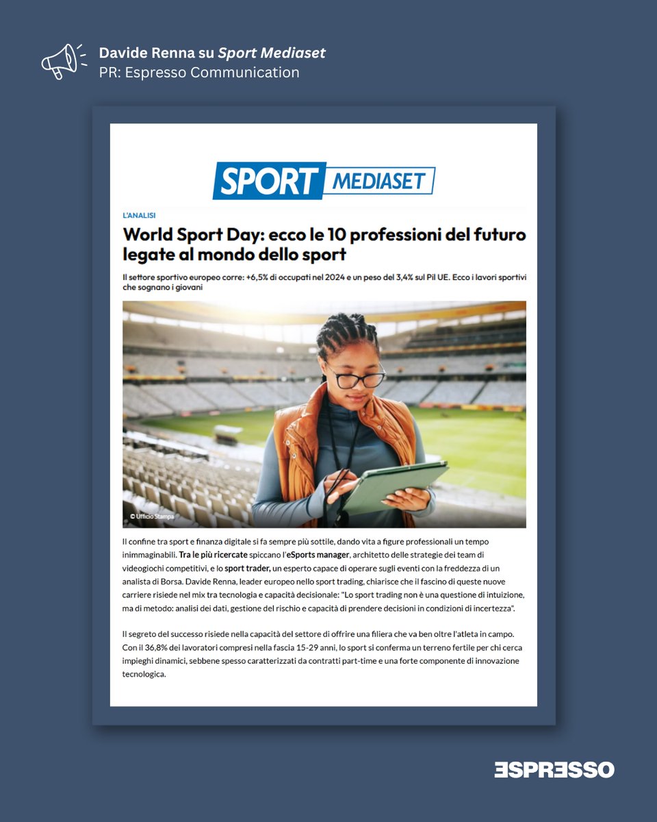 World Sport Day, 1 giovane su 3 sogna di lavorare nel settore: ecco le 10 professioni del futuro legate al mondo dello sport. Ne abbiamo parlato con <a href="/DavRenna/">Davide Renna</a> su <a href="/sportmediaset/">SportMediaset</a>: sportmediaset.mediaset.it/superhomepage/…. 
.
PR: <a href="/espressocommpr/">Espresso Communication</a> 
.
#pr #mediarelations #worldsportday