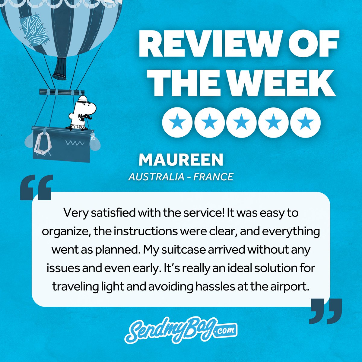 sendmybag's tweet image. Thank you Maureen for using the service, we're delighted that you had a positive experience with Send My Bag, and look forward to helping you again in the future! ✈️ #review #customerservice