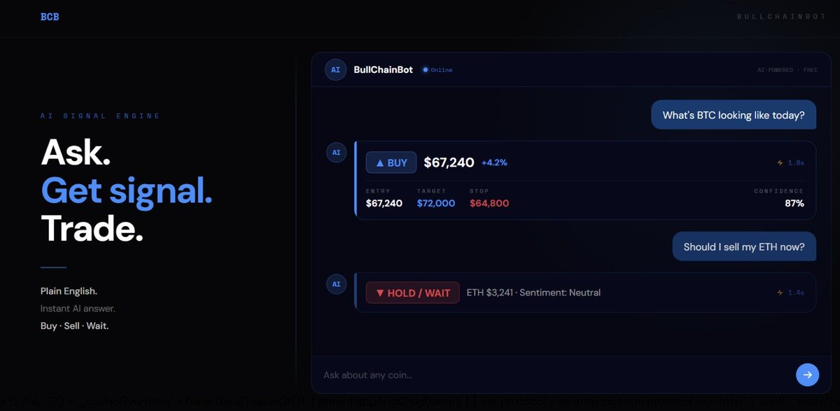 BullChain_Bot's tweet photo. We built a dashboard where you can:
β Connect your Web3 wallet
β Ask any crypto question
β Get AI-powered signals instantly
Almost ready. Stay tuned. π
$BCB AI
#BCB #BullChainBot #CryptoAI https://t.co/wWHRbpi5Wv