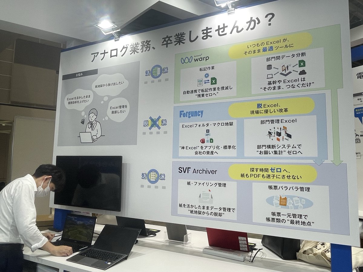 SangyoTotec's tweet photo. 🚩明日から！展示会出展情報🚩
4/8（水）から3日間、東京ビッグサイトで開催の #JapanITWeek にトーテックブースが出展！  
『見える化』『アナログ業務脱却』『受発注DX』など製造DXソリューションを多数ご紹介！ 
是非お立ち寄りください！  
#東京展示会　#製造DX
先ほど完成したブースはこちら👇👀 https://t.co/ip9APuIIJS