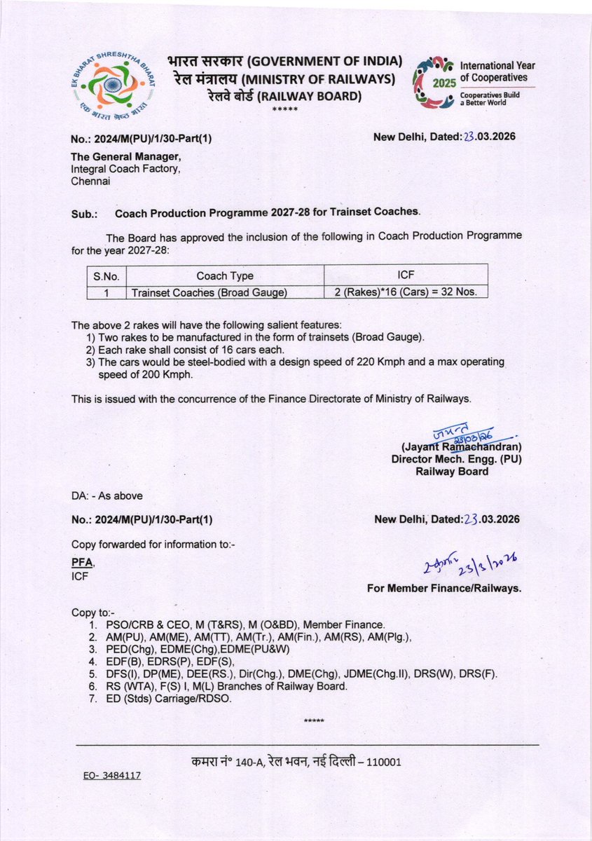 Siege4570's tweet image. Indian Railways approves 2 next-gen semi high-speed trainsets for FY27–28 🚄🇮🇳

🔹16 coaches each
🔹Steel body, Broad Gauge
🔹Design: 220 kmph
🔹Ops: 200 kmph

Likely to be used on Rajasthan’s high-speed test track &amp;amp; BG corridors like Amdavad-Dholera SHSR &amp;amp; future SHSR routes.