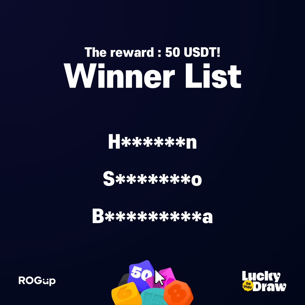 The Lucky Draw event on X : Winner announcement 🥳🎉  
 
Thank you everyone for participating our event!
We announce 3 Winners of 50 USDT now. 
 
For distributing the reward, We will sent Reward Claim Form to DM each winner within this week. 📩
 
Our Lucky Draw is continuing