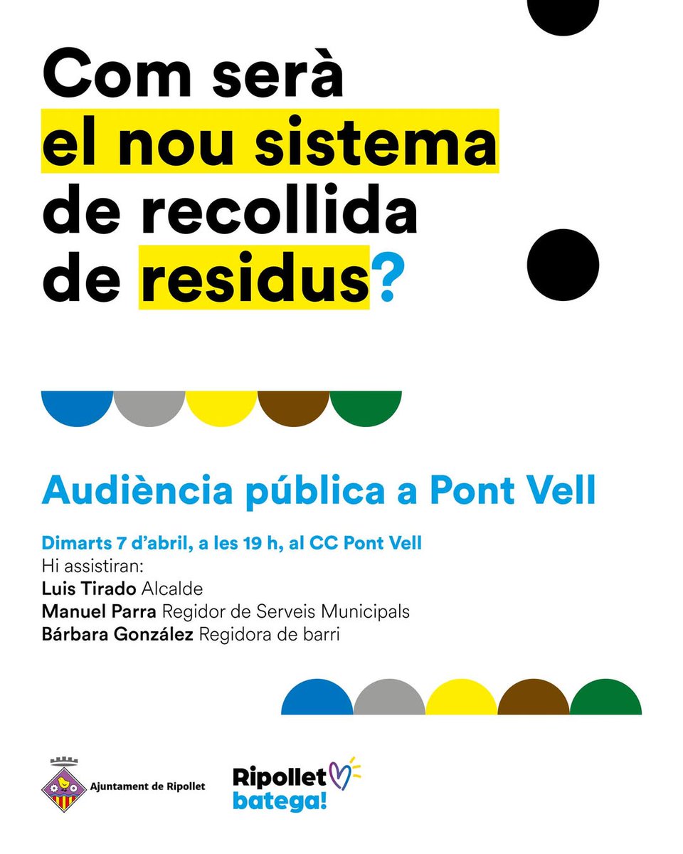 Avui continuen les audiències públiques per explicar i recollir opinions sobre el futur sistema de recollida de residus. Avui és el torn del barri de Pont Vell, a les 19 h, al Centre Cívic.