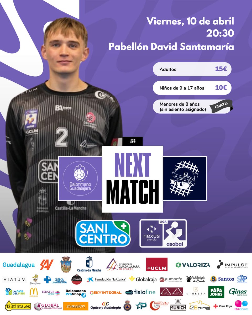 bmguadalajara's tweet photo. 🏆Liga NEXUS ENERGÍA @ASOBAL ✨️ J24

SANICENTRO BM Guadalajara 🆚️ Cajasol Ángel Ximénez Puente Genil @AngelXimenezBM

📅 10 abril
⏰ 20:30h
🏟 David Santamaría 

#VamosGuada
#FamiliaMorada 💜 https://t.co/SihGVdwT3n