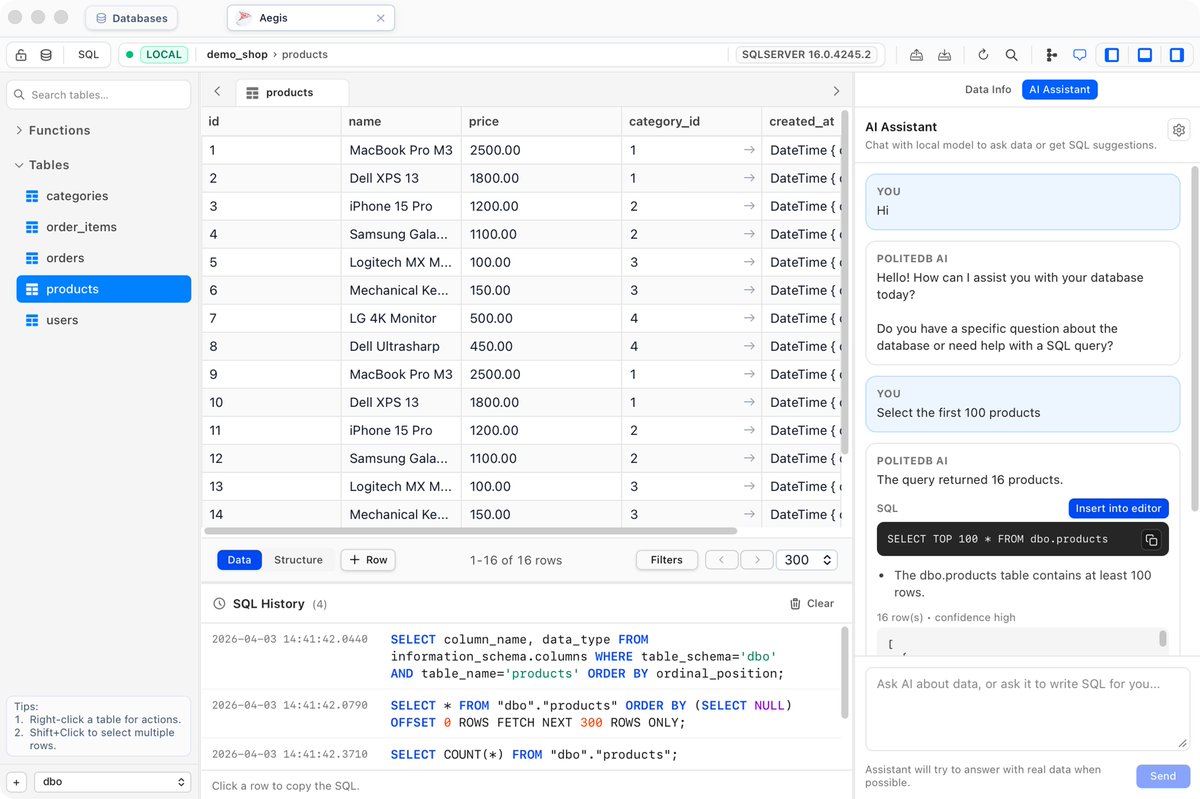 politedb_app's tweet photo. PoliteDB now has an AI Assistant built for database workflows.

You can ask questions in natural language, turn ideas into SQL, understand schemas, and iterate without leaving the editor.

Local-first. Built into a native database client.

👉 Try now: https://t.co/OgSeEPeMZy https://t.co/PfOK7g44E0