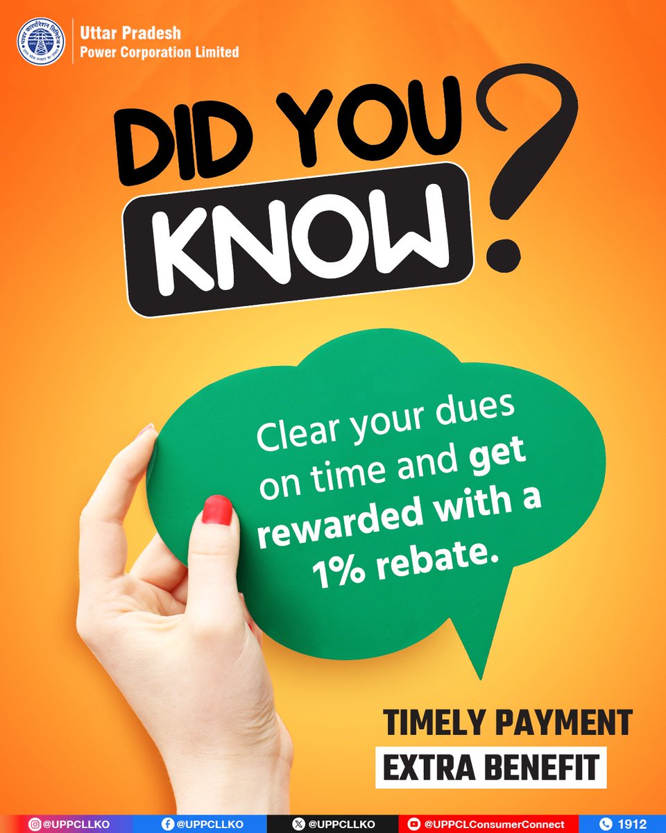 UPPCLLKO's tweet photo. Being a responsible consumer has its perks. Pay your bill on time and avail a 1% rebate with zero dues. #UPPCL #PayOnTime #BillPayment
@CMOfficeUP
@EMofficeUP
@aksharmaBharat
@mduppcl https://t.co/6Vs8dopN4o