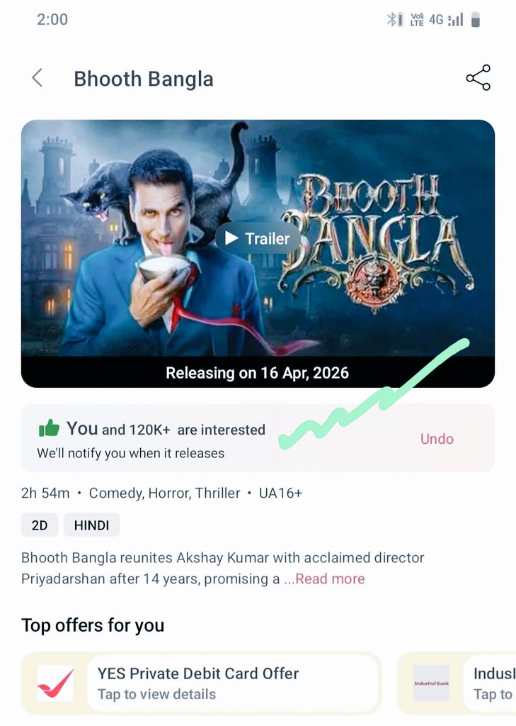 BookMyShow numbers rarely lie, aur abhi jo trend chal raha hai… #BhoothBanglaTrailer ka interest clearly showing real demand 🔥
youtu.be/XW1RkKiRnsg?si…
