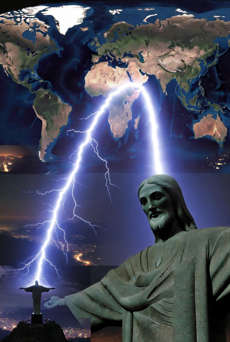 Channelexodus's tweet photo. Saw collossal jumble of lightning bolts anomaly vastly cross planet from outer space origin entering at "east europe crossing to western south america" connecting with Rio Christ statue, looking like Jesus doing a ki beam.

Cameras and instruments struggled to record and measure event.

In answer to golden holographic geometric ufos terrifying isolated  people with unknown encounters.

Also saw housing and job issues.

Also saw zombies at night threat countered by blue utility transport vans, the bright idea of an african western looking guy.

Also saw trump and advisors able to cross vast water distances merely by swimming with their own bodies, arms and legs, fast.