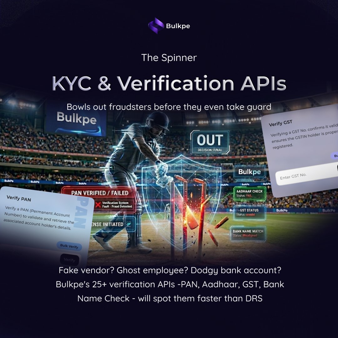 Bulkpe_in's tweet photo. One bad payout = fake vendor paid, real loss booked. 😬

Bulkpe checks PAN, Aadhaar, GST, Bank account verification &amp; UPI VPA before a single rupee moves.

25+ verification APIs. Zero compromise.

https://t.co/NyXM7lXlJd #KYC #Fintech #UPI #FraudPrevention https://t.co/FjCUNlcFdF