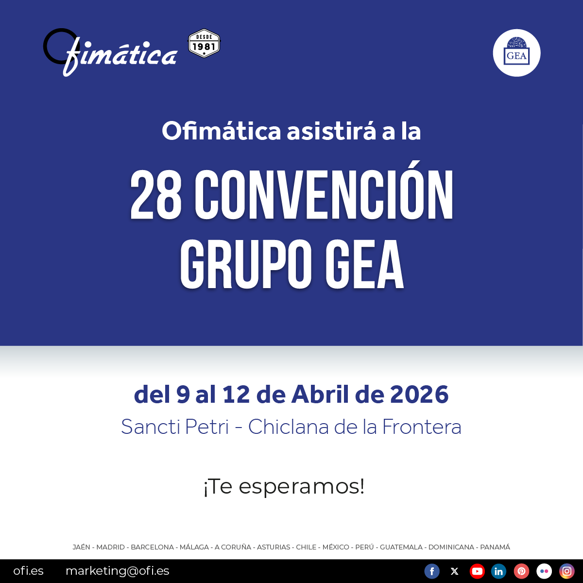 ofisoftware's tweet photo. Te esperamos en la 28ª Convención Grupo GEA  en Sancti Petri, del 9 al 12 de Abril.  #Software #ofiviaje https://t.co/BwVaixvnNk