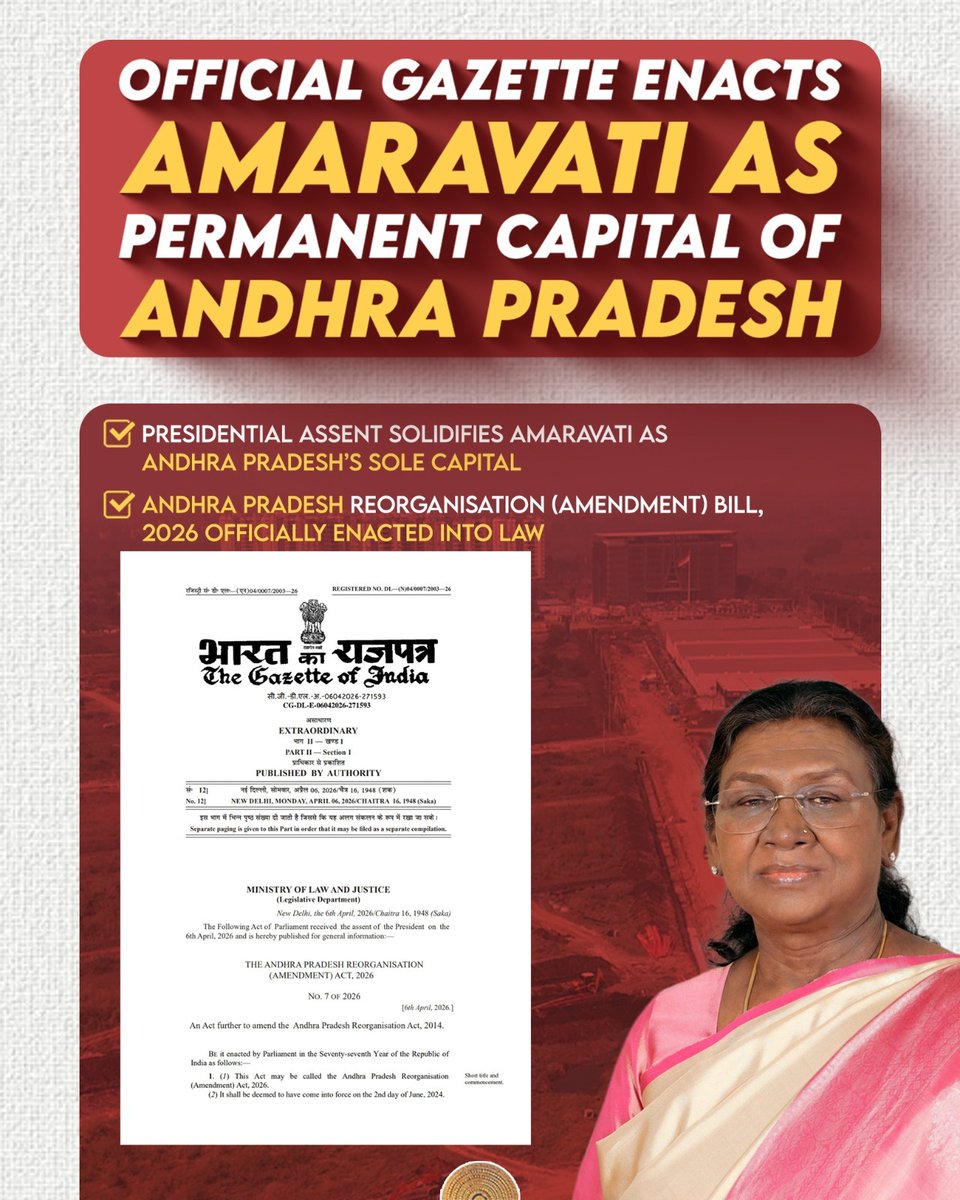 PrajaRajadhani's tweet photo. Amaravati stands officially recognised as the sole capital of Andhra Pradesh, marking a defining moment in the state’s journey. With the enactment of the Andhra Pradesh Reorganisation (Amendment) Act, 2026 and Presidential assent, the vision of Amaravati as the People’s Capital is now firmly established in law, reinforcing stability, governance, and future growth.

#Amaravati #PeoplesCapital #AndhraPradesh #CapitalCity #NewAndhra #AmaravatiRising #APCRDA