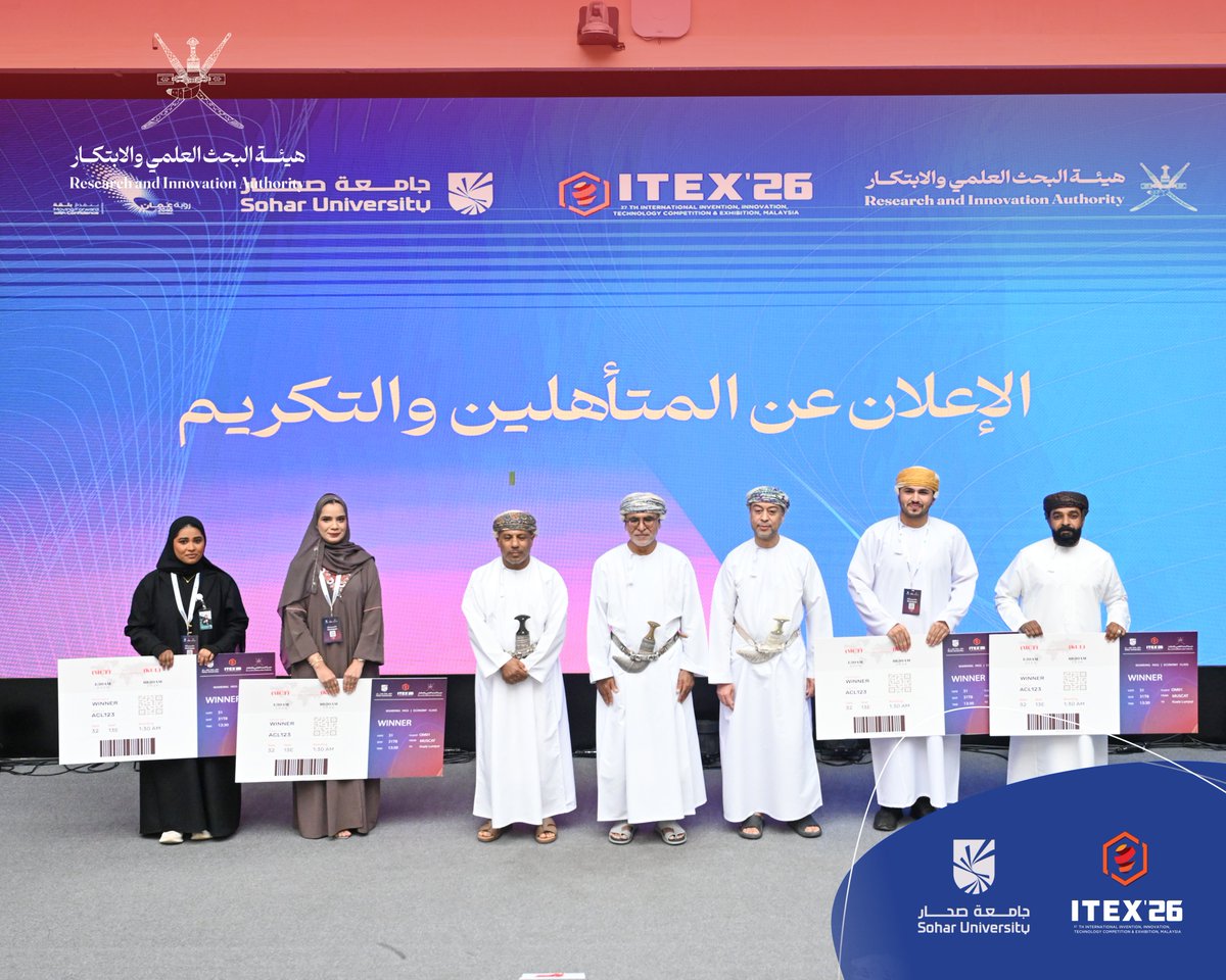 RIA_OMAN's tweet photo. المتأهلون للمشاركة في المعرض الدولي للاختراع والابتكار والتكنولوجيا (ITEX 2026) – كوالالمبور.

🔘بلقيس بنت سالم الحكماني
🟠عنوان المشروع:( Cardio-K)
نظام ذكي مغلق لتنظيم البوتاسيوم بشكل مستمر لمرضى القلب.
🔘نهية بنت ناصر الحمدانية
🟠عنوان المشروع: نظارات سينسيغلاس
تمكين المكفوفين وضعاف البصر من خلال نظارات ذكية مبتكرة وتطبيق ذكي.
🔘زاهر بن سالم العلوي
🟠عنوان المشروع: منصة علاجية حيوية متقدمة لتسريع التئام الجروح المزمنة وجروح مرضى السكري باستخدام تقنيات توصيل حيوي متقدمة.
🔘لقمان بن سليمان الظفري
🟠عنوان المشروع: العدسة المسيرة
فحص الطائرات الآلي باستخدام تقنية الطائرات بدون طيار المدمجة مع الذكاء الاصطناعي والتعلم الآلي.

@Soharuniv