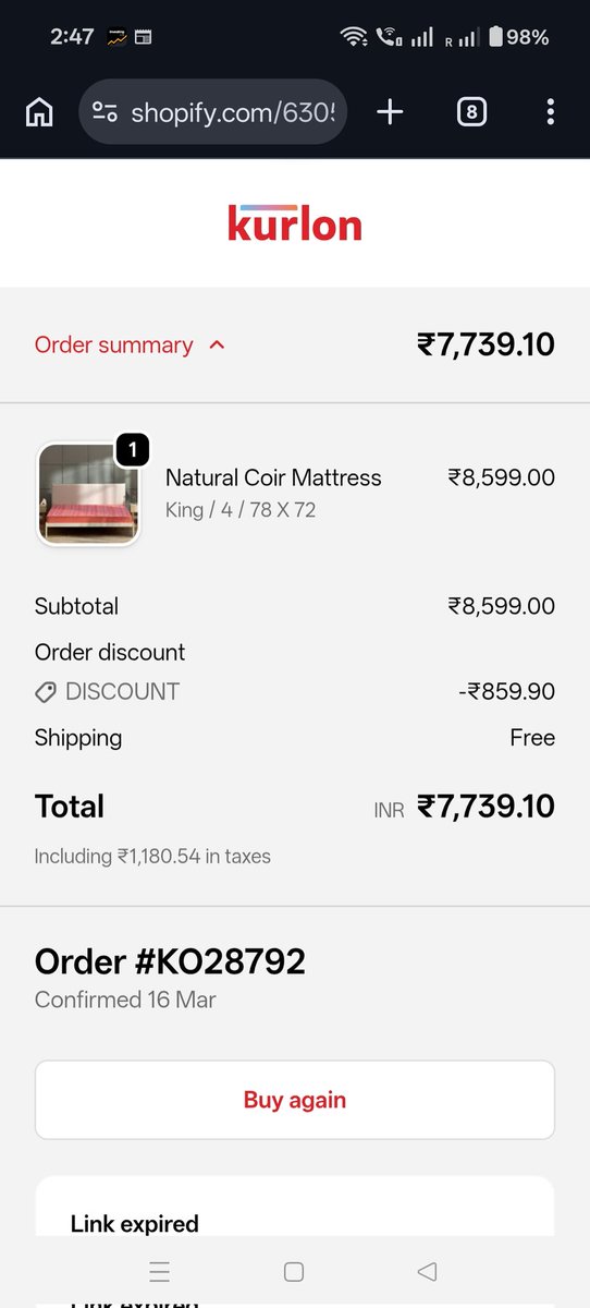 PainkraSan35899's tweet image. @KurlonLimited @KurlOnOfficial @kurlongroups @nch1915 

I canceled my mattress order (KO28792) on March 17th, within an hour, as per policy, but still no refund after 15 days! 😠 @KurlonLimited, your customer service isn't helping. Please process my refund ASAP! 💸 #RefundNeeded