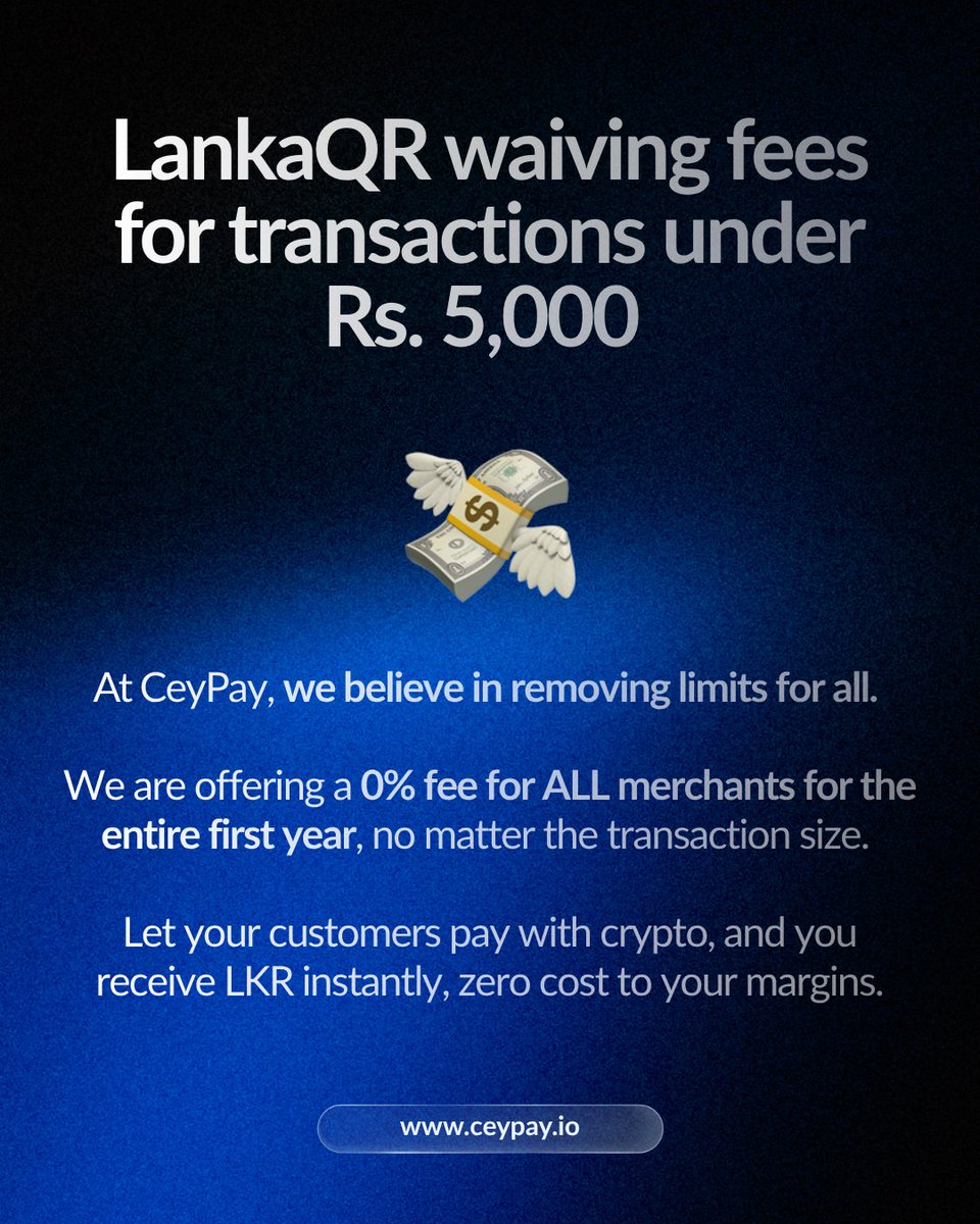 CeyPayIO's tweet photo. LankaQR waives fees under Rs. 5,000, but CeyPay goes further. Enjoy 0% merchant fees for your entire first year, on any amount.

Customers pay in crypto, you receive LKR instantly at zero cost.

https://t.co/71sKijIMze

#CeyPay #CryptoPayments #SriLanka #LankaQR #MerchantPayments https://t.co/Skg6Hkruwm