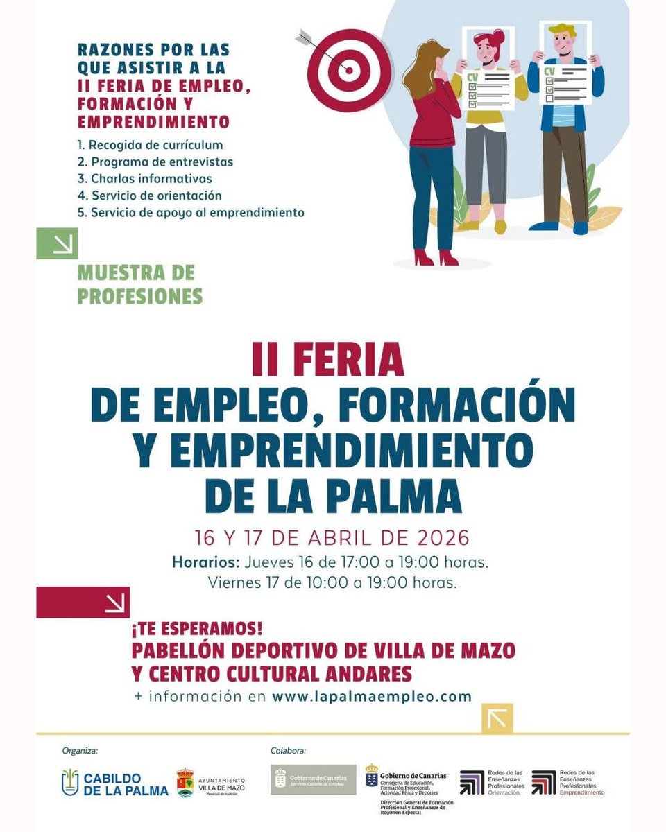 SCEmpleo's tweet image. Súmate a la II Feria de Empleo, Formación y Emprendimiento en Villa de Mazo. Conecta con empresas, dale visibilidad a tu CV y genera oportunidades 🤝
​📅 16 abr y 17 abr
📍Pabellón Mazo + CC Andares
🔗 lapalmaempleo.com
​#LaPalma #Empleo #networking