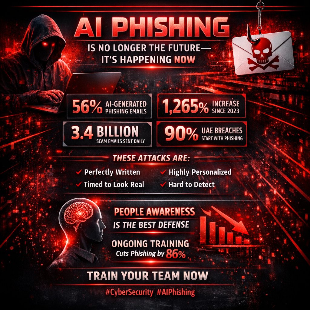 InfoSec4tc's tweet photo. 🚨 AI Phishing is Rising Fast56% of phishing emails are AI-generated

3.4B scam emails sent daily⚠️ Harder to detect. More realistic.
🧠 Best defense: Train your people

#CyberSecurity #AIPhishing https://t.co/QMudCLrrZT