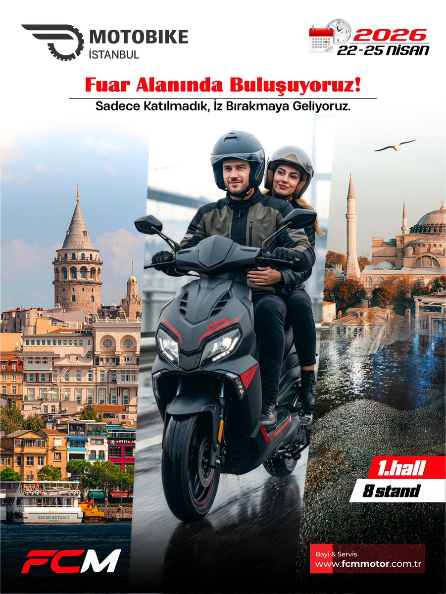 fcmmotor's tweet photo. FCM Motor olarak 2026 Motobike İstanbul Fuarı’nda yerimizi alıyoruz!
22–25 Nisan 2026 tarihleri arasında motosiklet tutkunlarının buluşma noktası olan Motobike İstanbul’da,  iz bırakmak için geliyoruz.
📍 Yer / Location: İstanbul Fuar Merkezi
📌 Salon / Hall: 1 – Stand: 8

#FCM https://t.co/GVAxzwjOJ6