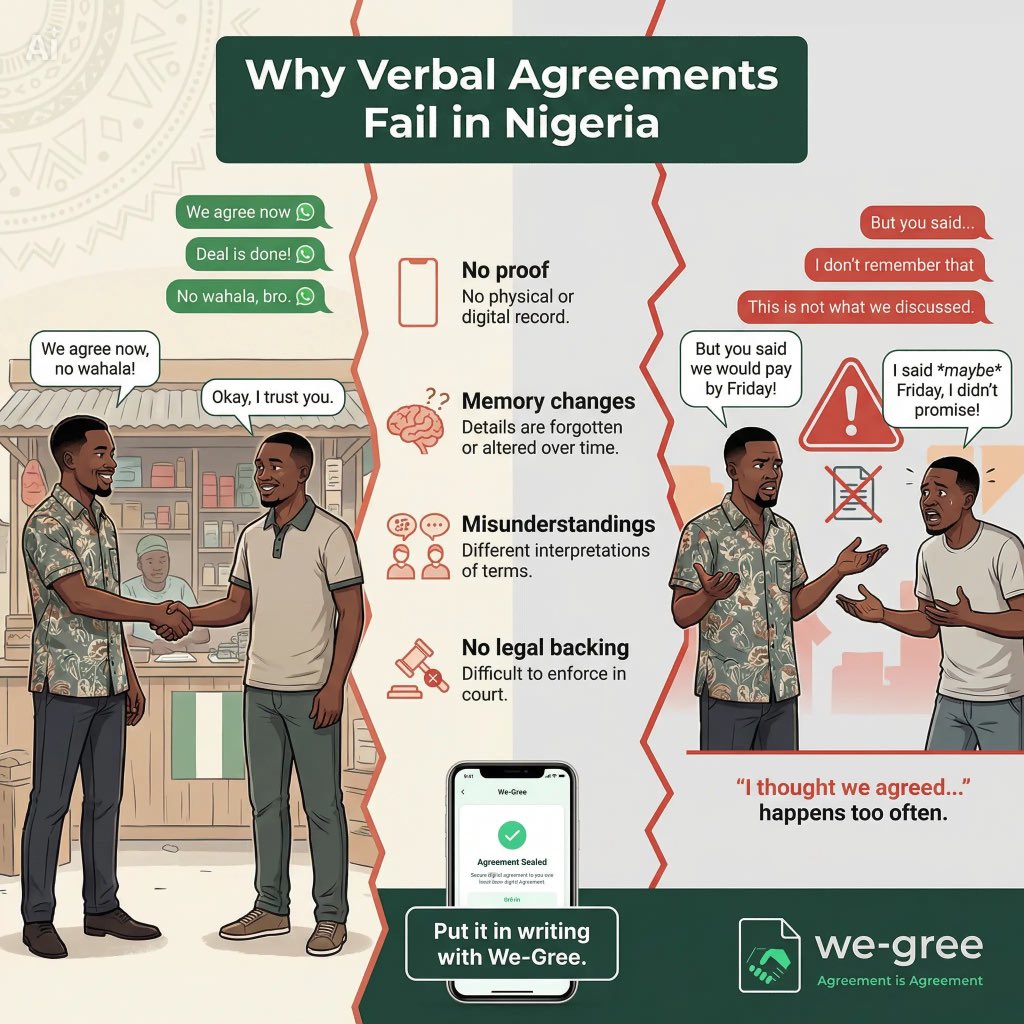 WeGreePro's tweet photo. You agreed. They agreed. But when things go wrong, there’s no proof. That’s how most problems start.
Don’t rely on memory or chats. Put it in writing with We-Gree.

#WeGree
#NaijaBusiness
#DigitalAgreements
#NoMoreStories
#SignSmart https://t.co/qTCpW7LJur