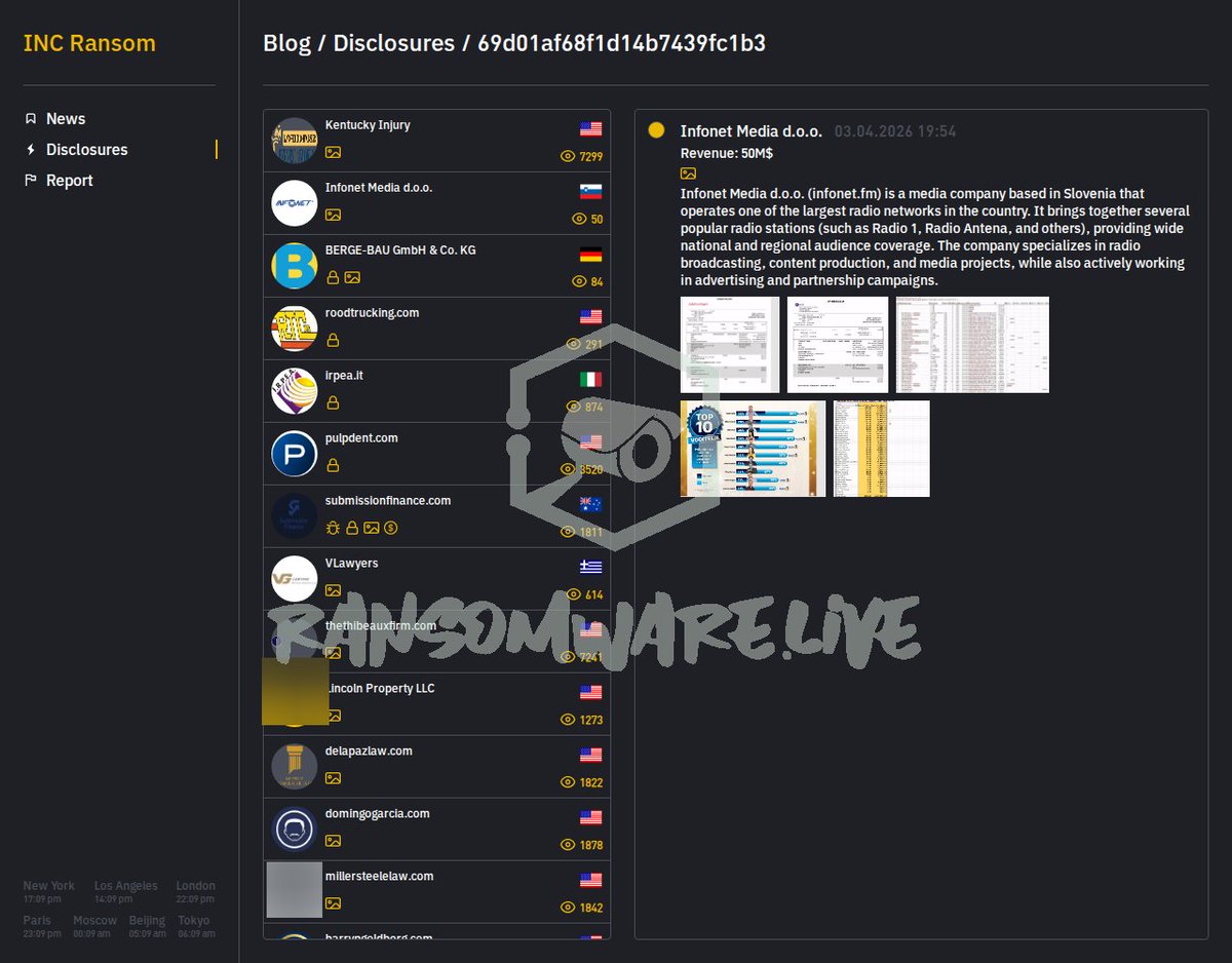ThreatBalkan's tweet photo. 🇸🇮In April 2026, Slovenian media group Infonet Media d.o.o. was hit by ransomware group Inc Ransom, threatening its internal data and the operations of major networks like Radio 1 and Radio Antena.
#Slovenia #Ransomware #incransom #cybersecurity #infonet #databreach https://t.co/fYSqRoqcVI