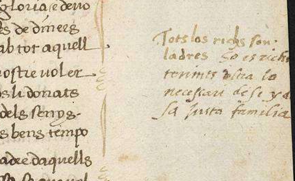 mtoldra's tweet photo. Debats marginals entre lectors de Ramon Llull del s. XVI:
 👿 "Tots los richs són ladres".  
👼 "So és, richs tenints ultra lo necessari de si y d[e] sa justa família".
(L'àngel i el dimoni es poden intercanviar o, si es vol, s'hi poden posar sigles de partits.)
#RamonLlull https://t.co/FqQAw1PeGP