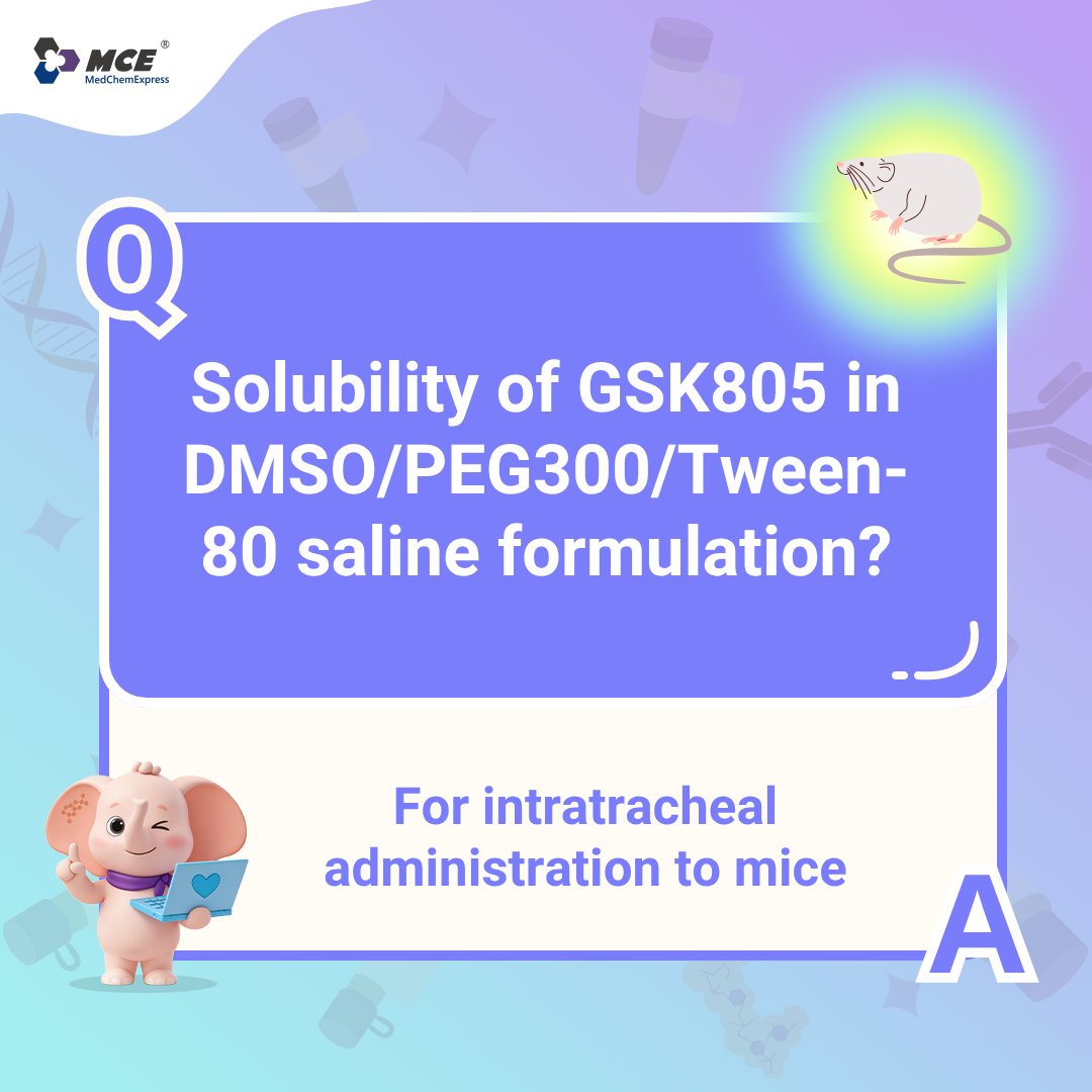 MedChemExpress's tweet photo. ❓Tech Q&amp;A | #Solubility of #GSK805 in #DMSO/#PEG300/#Tween80 saline
• Vehicle: 10% DMSO + 40% PEG300 + 5% Tween-80 + 45% saline
• Result: clear solution
• Solubility: 2.5 mg/mL
#DrugFormulation #InVivo #LabTips #MouseModel https://t.co/nTeEAR4DvF