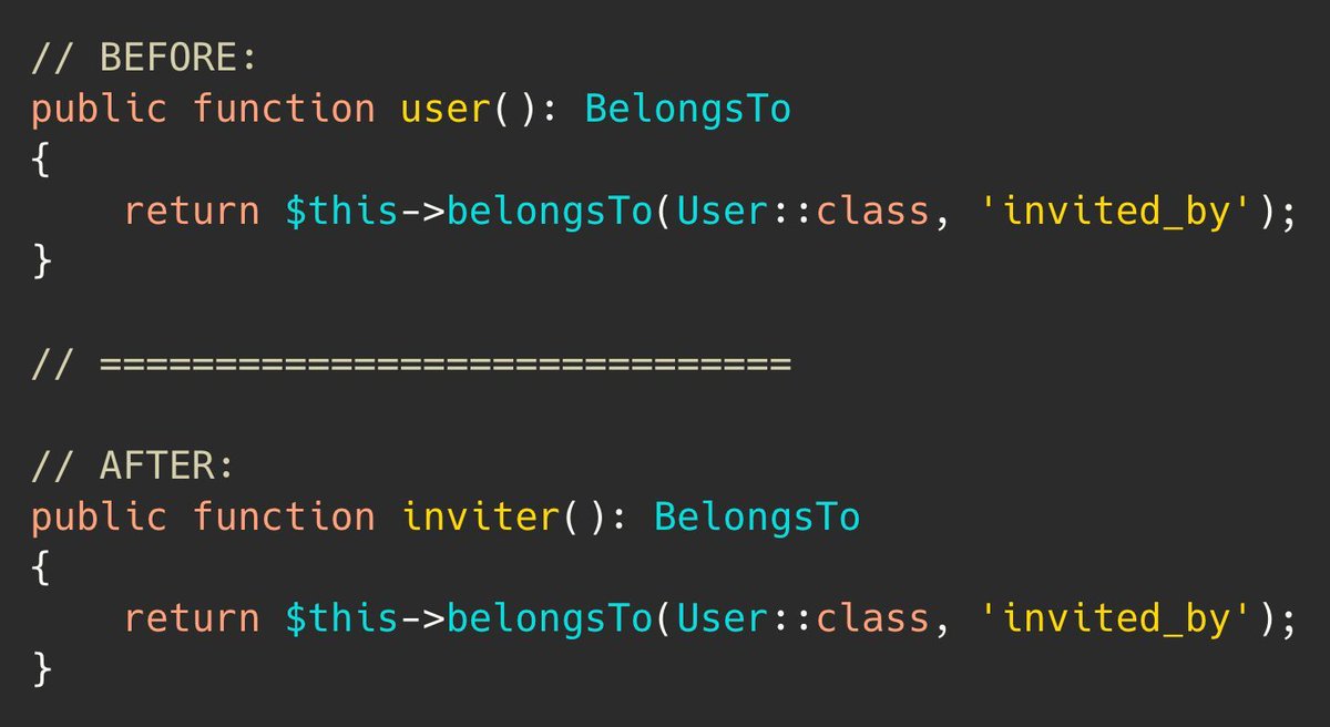 PovilasKorop's tweet image. Laravel tip.

Sometimes foreign keys deserve more clear relation names than defaults.

Field `invited_by` becoming `$teamInvitation-&amp;gt;user()` is vague.

Use `-&amp;gt;inviter()` for clarity, even if the relationship is to User model.