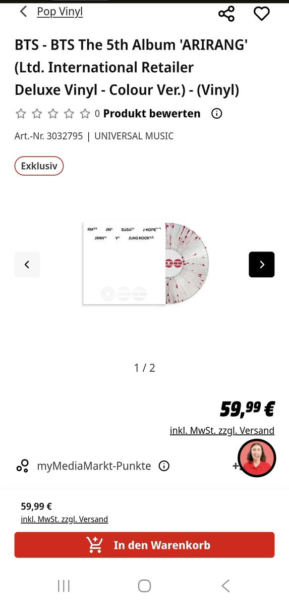 wanderingFranzi's tweet photo. MediaMarkt hat die Deluxe Vinyl clear version wieder im Angebot.
Wenn ihr noch könnt, jetzt zuschlagen für die Sales in der dritten Woche 🔥🔥🔥
Und weiter sagen 🔥🔥🔥
#BTS_ARİRANG
#BTSCommunityGermany https://t.co/G6M85DhBqd