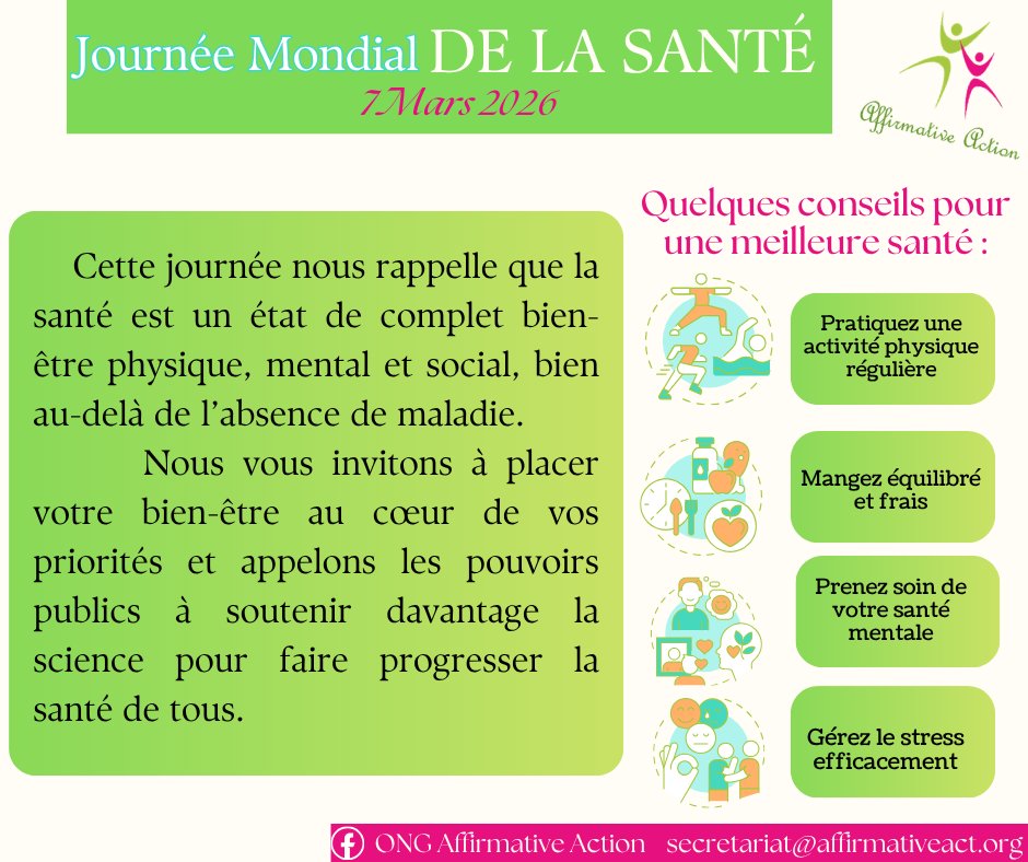 affirmativeact1's tweet photo. La santé n'est pas un luxe, c'est un droit. En cette #JournéeMondialeDeLaSanté, engageons nous pour un accès aux soins pour tous, partout et soutenons l'innovation scientifique. Chaque petit pas compte : alimentation, sport, santé mentale. Prenons soin de nous.  #healthcarein https://t.co/SZHu3CQfbg