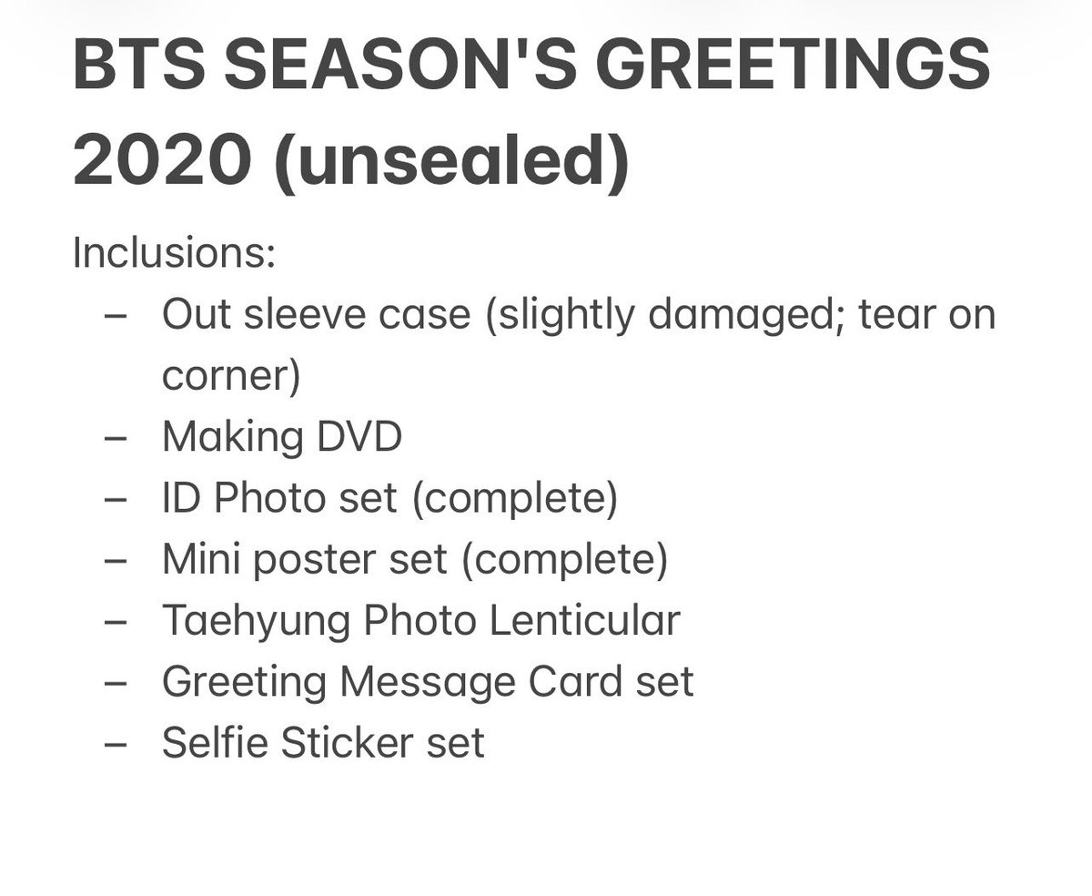 alpacartsj's tweet photo. ੈ✩‧₊˚ #alpacartsj_deals || wts lfb bts ph

 ˗ˏˋ SEASON'S GREETINGS 2020 ´ˎ˗
 
·˚ ༘ ₱480
·˚ ༘ 7/10 condi (dm for vid condi)
·˚ ༘ mod: j&amp;t / ggx
·˚ ༘ mop: gcash
·˚ ༘ payo or dp (50%  dp ; bal next week)

🏷️ bts seasons greetings sg 2020 rm jin suga jhope jimin v jungkook https://t.co/hlAmjtB8I0