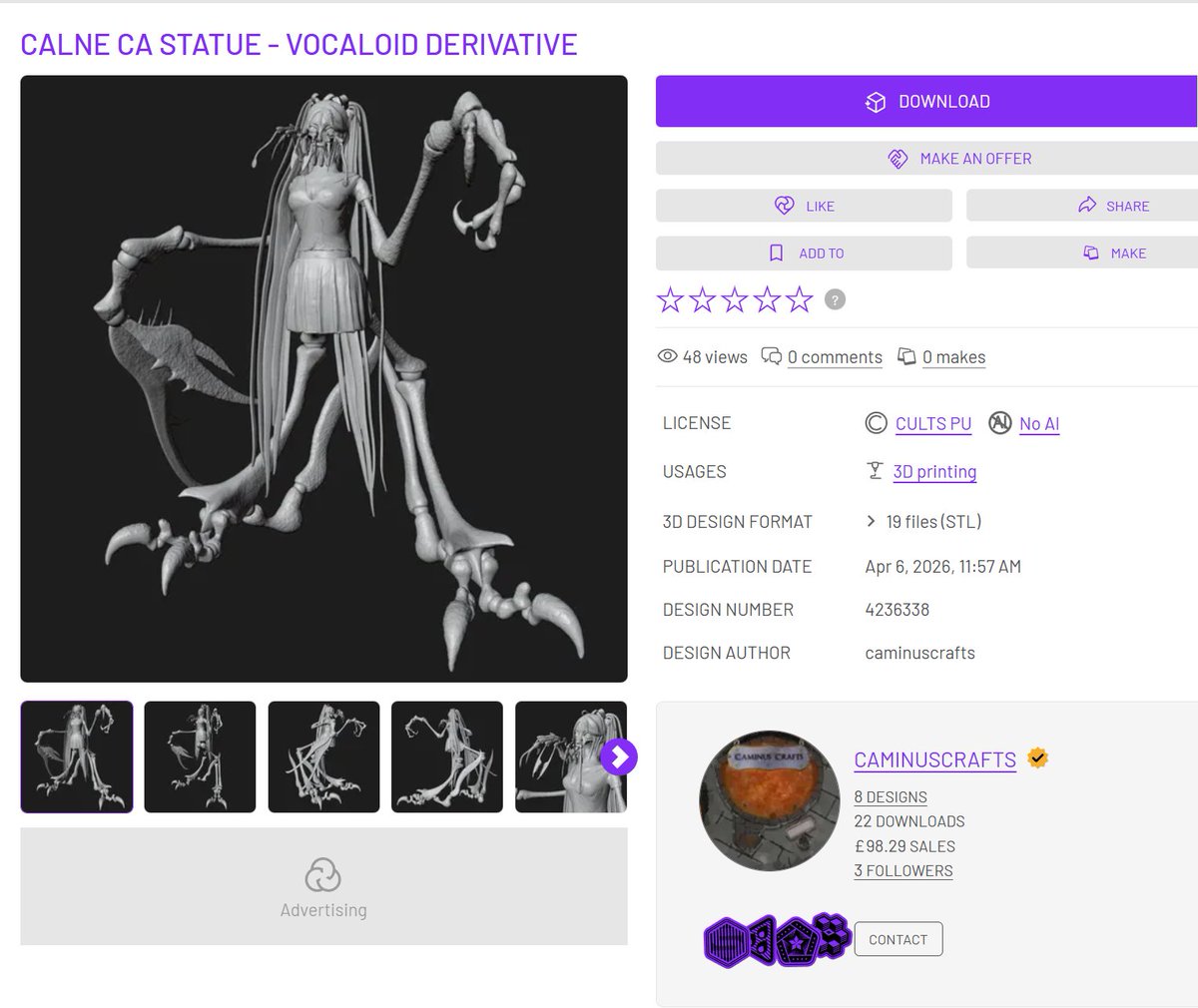 CaminusCrafts's tweet photo. So after frankly too long, I've finally released my Calne Ca statue sculpt as 3D printable files!

She comes in pieces to make printing and assembly easier. Any problems, let me know!

#calneca #Shie #vocaloid #derivative #deino #3dmodel https://t.co/0cMWyiTpes