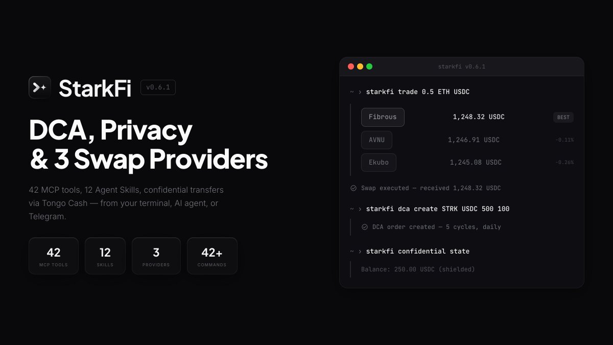 starkfiapp's tweet photo. StarkFi v0.6.1 is live.

Multi-provider swaps, DCA automation, and confidential transfers — accessible directly from your terminal, Claude, or Telegram.

Here's what changed: https://t.co/weJ9AaILei