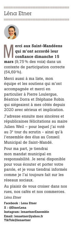📢 Retrouvez ma tribune dans le Saint-Mandé Mag d'avril page 35 :
 📌 Merci à mes électeurs ;
📌  Merci à mon équipe et mes soutiens et en particulier à Pierre, Béatrice et Stéphane ; 
📌 Félicitations au Maire et aux élus du conseil municipal.
Bonne lecture !
J'❤️ Saint-Mandé