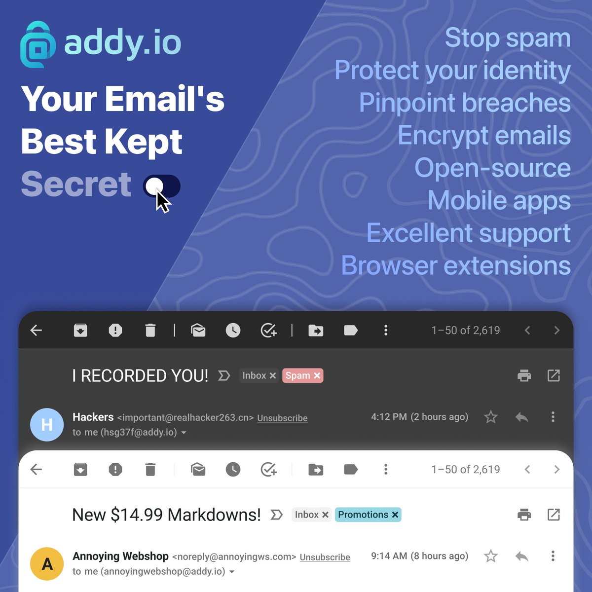 addy_io's tweet photo. Your real email doesn't have to be public. Stop spam in one click.