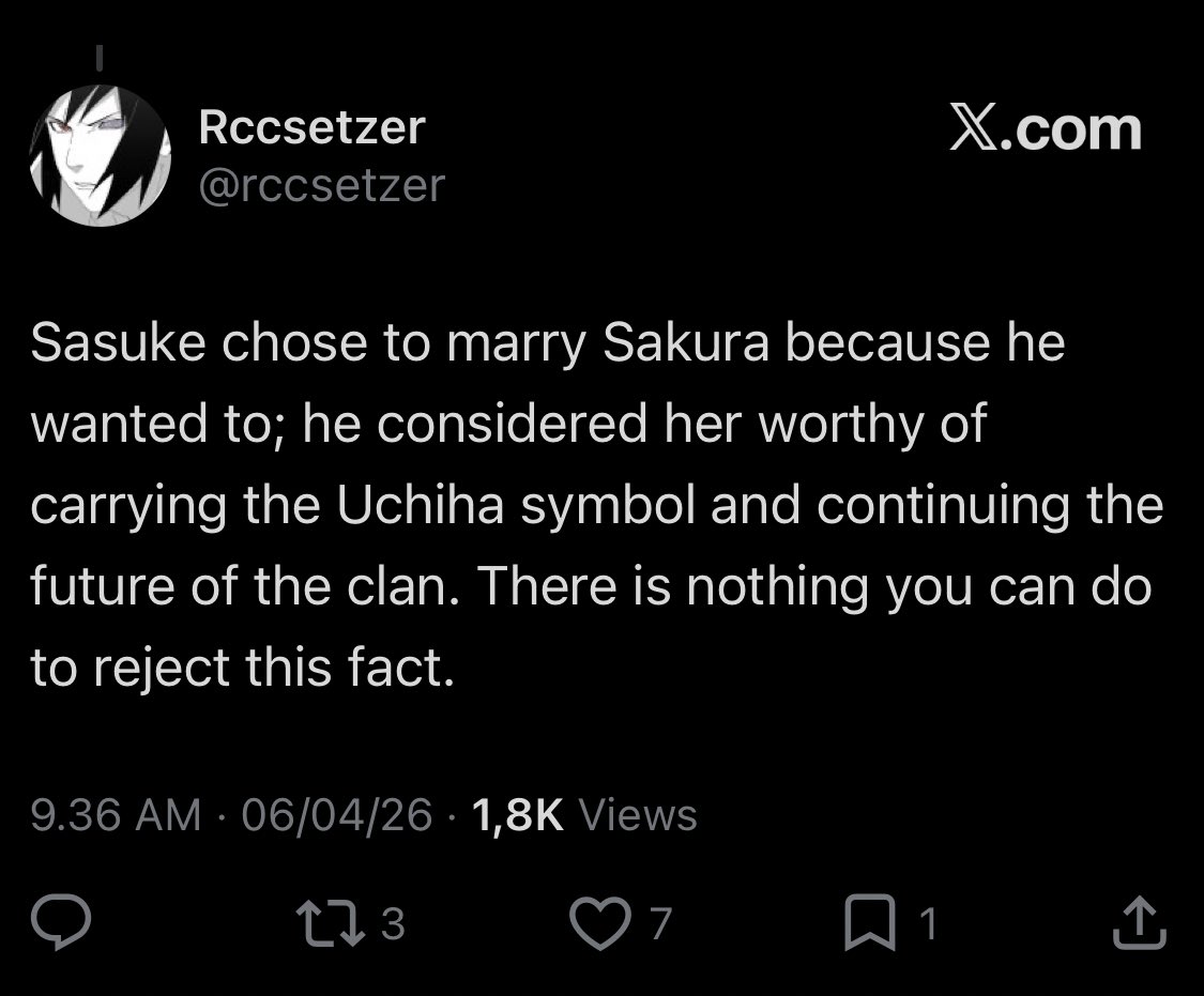 dearsooyaaa's tweet photo. no wedding pic, no a single evidence that they’re legally married, ignored what sasuke said that they’re (accidentally) being together because a child. the original author said she had to chase the man, meaning he didn’t choose her. ignoring everything canonical.

✨sasusakus✨ https://t.co/6nWS0VNg0m