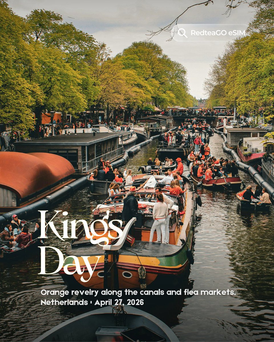 RedteaGO's tweet photo. Plan Your April Trips Around These Festivals
💦 Songkran | Thailand
🕙 Apr 13 – Apr 15, 2026
💃 Feria de Abril | Seville, Spain
🕙 Apr 21 – Apr 26, 2026
👑 King’s Day | Netherlands
🕙 Apr 27, 2026
Traveling for festivals? Get RedteaGO eSIM for 180+ countries starting at $0.16/GB! https://t.co/up1eA7Q9Ws