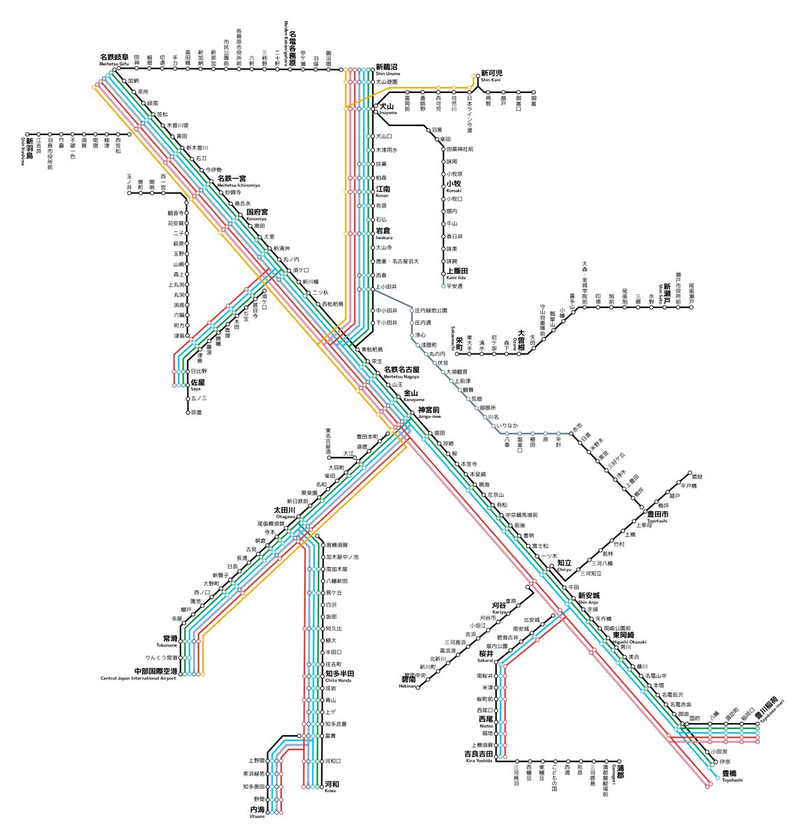 RailDiag's tweet photo. 路線図エディタ　フルバージョンアップ予告！

路線図エディタ（仮）をイチから作り直しました。
レスポンス高速化、UX全体の見直し、駅追加のスプレッドシート対応、全列車フル追従。

名鉄の路線図を作りましたが、4時間ほどでこのレベルまで作れました。

是非ご期待くださいませ。
#路線図エディタ https://t.co/VWHFYmNmwo