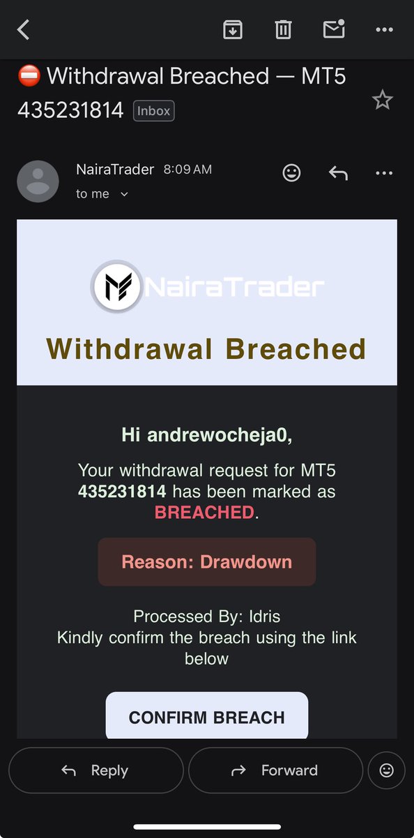masterbobzy's tweet photo. @naira_trader  plz what’s happening on your platform on your platform I have a funded 400k account and this morning after waiting for Easter break to be over to request payout this morning only to receive an Email of a Withdrawal breach why na I knw y’all are joking pls see to it https://t.co/zFFmVLdvEI