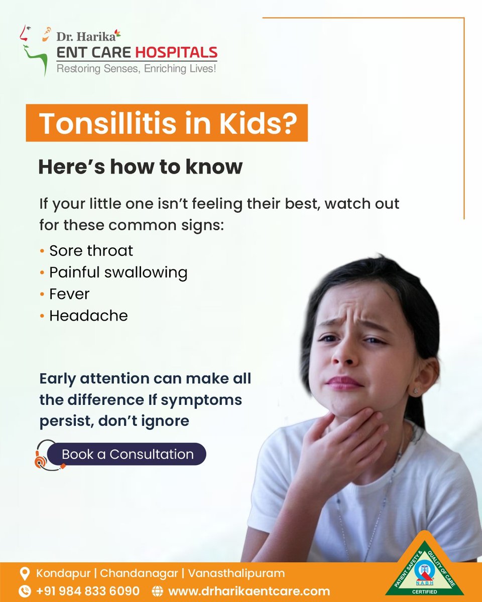 DrHarikaENTCare's tweet image. A sore throat in kids isn’t always “just a cold.” 
Tonsillitis can show up with pain while swallowing, fever, or even headaches making little ones feel quite uncomfortable. Early attention can make recovery quicker and easier.
#Tonsillitis #KidsHealth #ENTCare #ChildCare