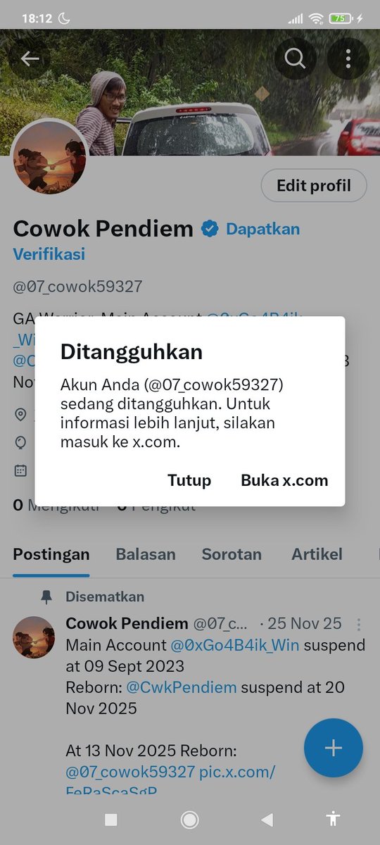 0xcwkPendiam's tweet photo. Main Account @0xGo4B4ik_Win suspend at 09 Sept 2023

Reborn: @CwkPendiem suspend at 20 Nov 2025

Reborn: @07_cowok59327 suspend at 17 Jan 2026

Reborn: @Cowok_BaikDiem suspend at 04 April 2026

On 07 April 2026
Reborn again :  @0xcwkPendiam

"Sang Warrior GA on Dunia Maya" https://t.co/VLMjIbp8Dt
