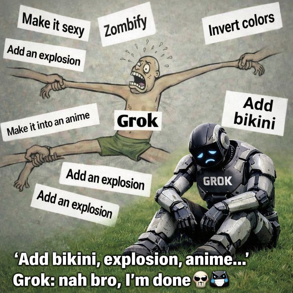 ethsavings's tweet photo. Everyone pulling AI in 10 directions…
Meanwhile Grok: “I’m tired of doing this sh*t.” 🤖💀
#AI #Grok #AIHumor #Meme #TechMeme #AIMemes #ArtificialIntelligence #FunnyMeme #Relatable #CryptoTwitter #Web3 #Trending #ViralPost https://t.co/p5LgMJUJRi