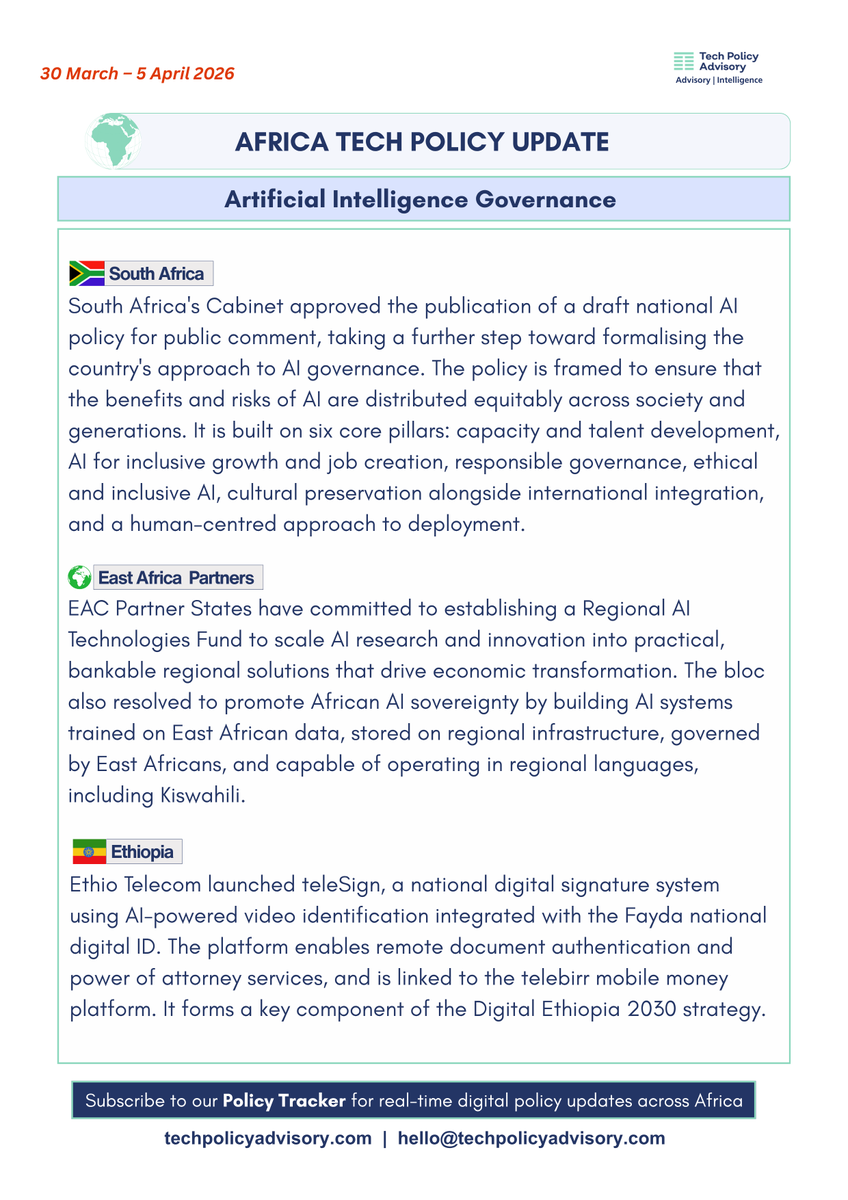 TechPolicyAdvsy's tweet photo. Artificial Intelligence Governance - Africa Tech Policy Update

Stay ahead of regulatory developments, subscribe to the Policy Tracker here: https://t.co/eFjMAd7grV https://t.co/Qdx5ImmPnl