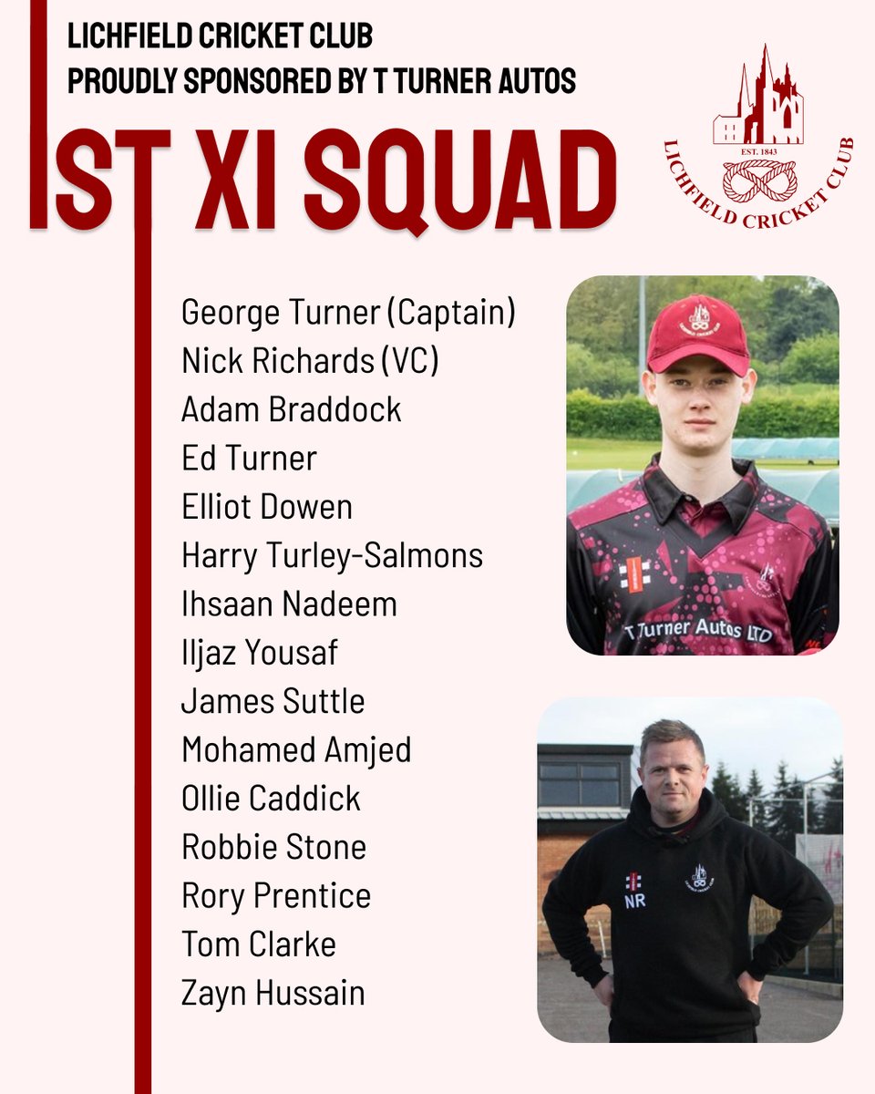 LichfieldCC's tweet photo. 🏏 One week to go and the 1st XI Squad is ready!

Captained by George Turner, with Nick Richards as VC — it's a strong group and we can't wait to get started.💪
#LichfieldCricketClub #Cricket #Staffordshire https://t.co/i5lgfmEov9