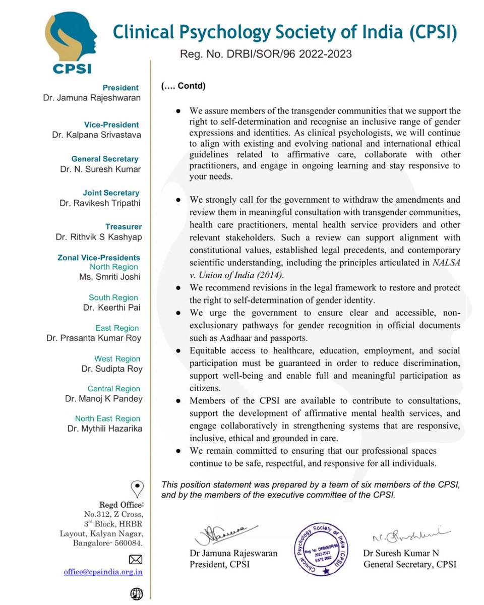 We welcome the following position statement by the Clinical Psychology Society of India (CPSI) on the Transgender Persons (Protection of Rights) Amendment Bill, 2026.

We also urge other mental health organisations to come forward in solidarity. Read >> 

#resisttransbill2026