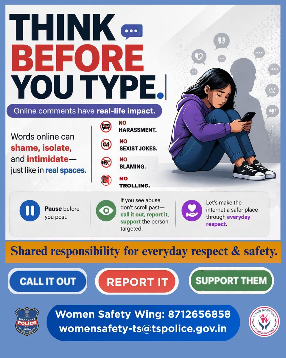 tg_womensafety's tweet image. Your words have real-world consequences. 📱💔 Think before you type—choose respect over harassment.

#StandWithHer #DigitalSafety #WomenSafetyWing #TelanganaPolice

@TelanganaCOPs @CyberCrimesCyb @cyberabadpolice @sheteams_rck @she_teams @SheTeams