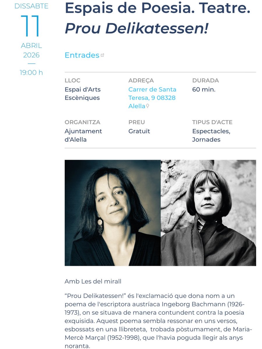 FundacioMMM's tweet photo. 📢📢 Prou Delikatessen‼️
Un diàleg entre Ingeborg Bachmann i Maria-Mercè Marçal
🗓 Dissabte, 11 d’abril
⏰ Ales 19 h
📍 A l’Espai d’Arts Escèniques (carrer de Santa Teresa, 9,  Alella)
👉🏽 Amb Dora Casas Ros, Núria Alba-Romà, Clàudia Kalász i Fina Llorca Antolín. https://t.co/RZNtbPk3jo