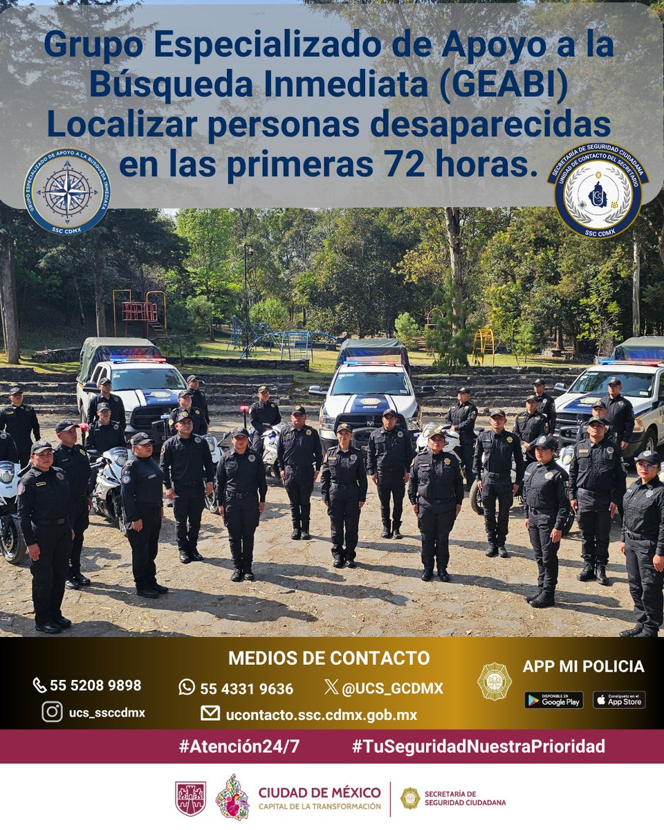 UCS_GCDMX's tweet image. ⚠️ EN CASO DE DESAPARICIÓN: ACTÚA DE INMEDIATO.

El GEABI de la @SSC_CDMX está especializado en la localización de personas dentro de las primeras 72 horas. No esperes más tiempo; la búsqueda comienza en cuanto reportas. 🕒

🔍 Búsqueda de campo y análisis de cámaras.
🤝