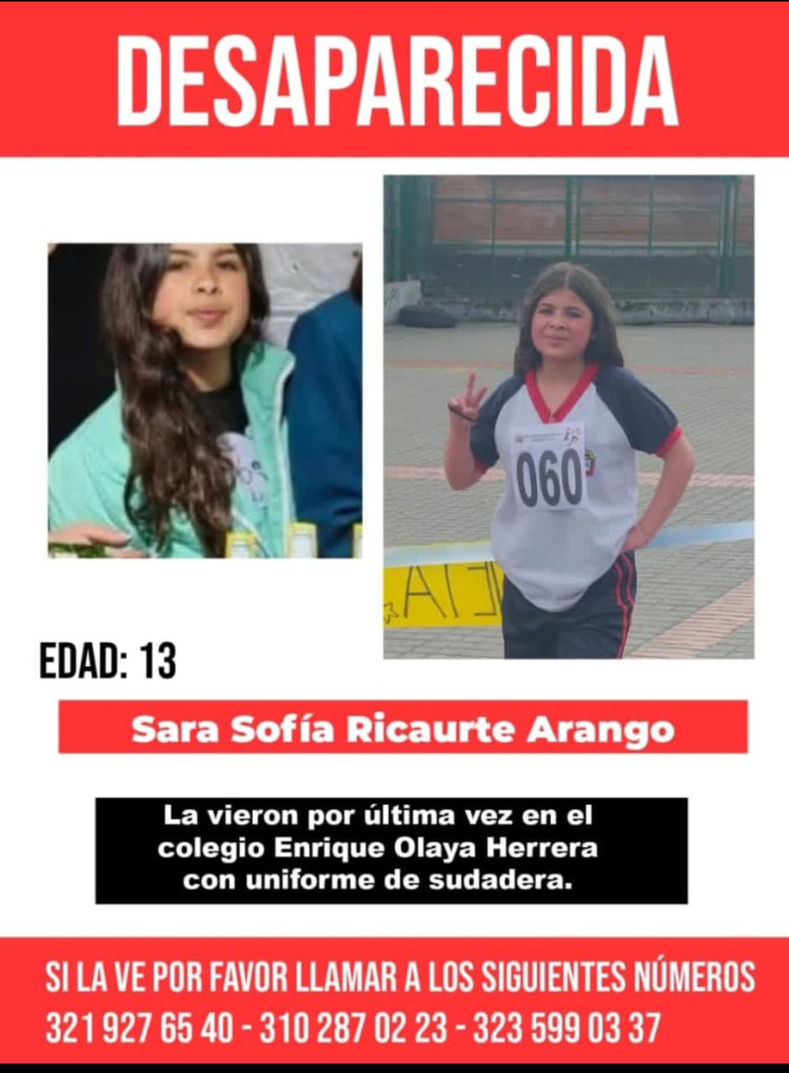 SUNETBogota's tweet photo. Solicitamos de su apoyo con cualquier información sobre el paradero de Sara Sofía Ricaurte Arango.

#Desaparecida https://t.co/Bc2BnuczAR