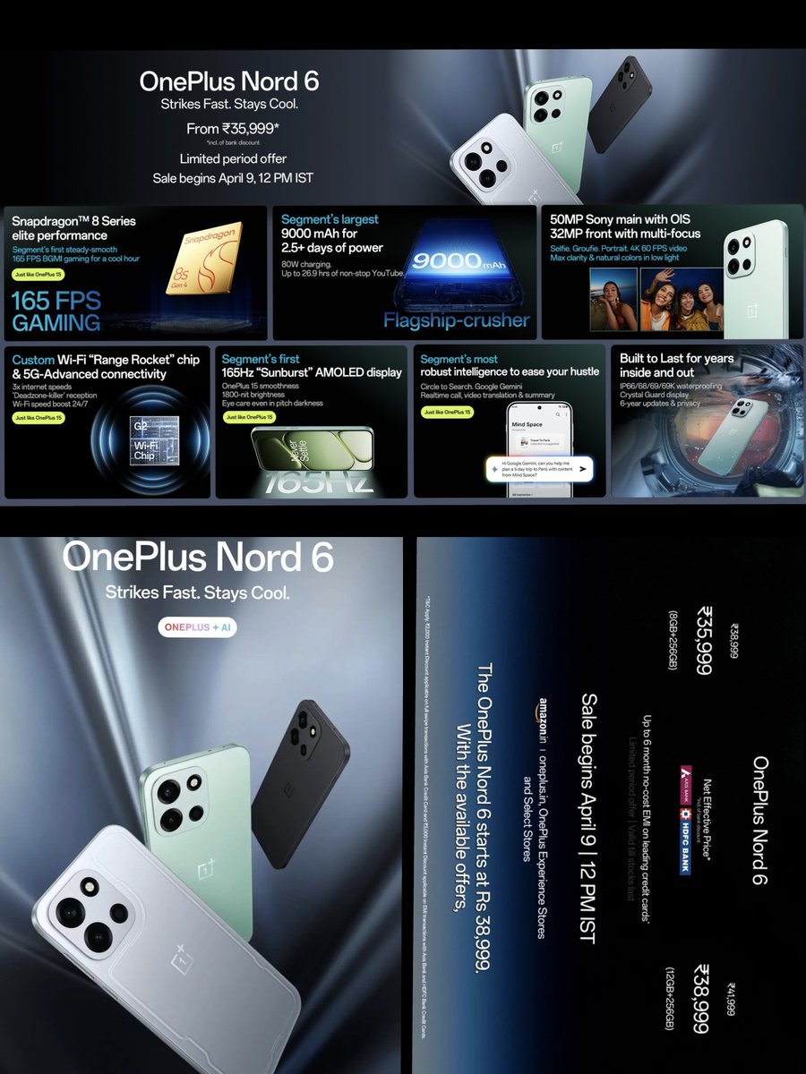 ayansonunigam's tweet image. 🚨 OnePlus Nord 6 launched in 🇮🇳 

6.78" 1.5K 165Hz LTPS Flat OLED📱
SD 8s Gen4
LPDDR5X + UFS 4.1
50MP (OIS) + 8MP 📸
32MP 🤳 + AF
9000mAh🔋 + 80W⚡
4+6 Years of Updates
IP69K/69/68/66
Optical Fingerprint
Plus Key
USB 2.0
NFC
8.5mm
217g

#OnePlus #OnePlusNord6 #OxygenOS16