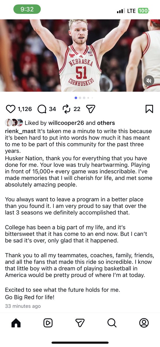 JustinbFrommer's tweet image. #Nebraska F Rienk Mast sends a lengthy goodbye to #Husker nation over Instagram